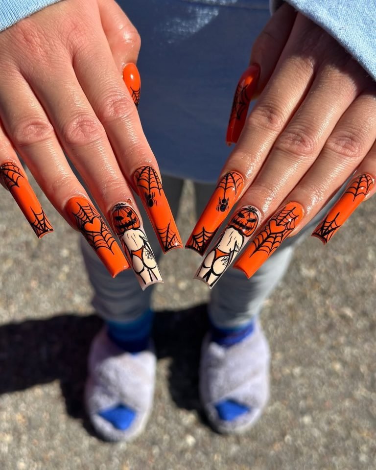 Creepy Halloween nails hand-painted with Snow White and the Evil Queen in vintage animation style, featuring a glowing poison apple across elongated tips