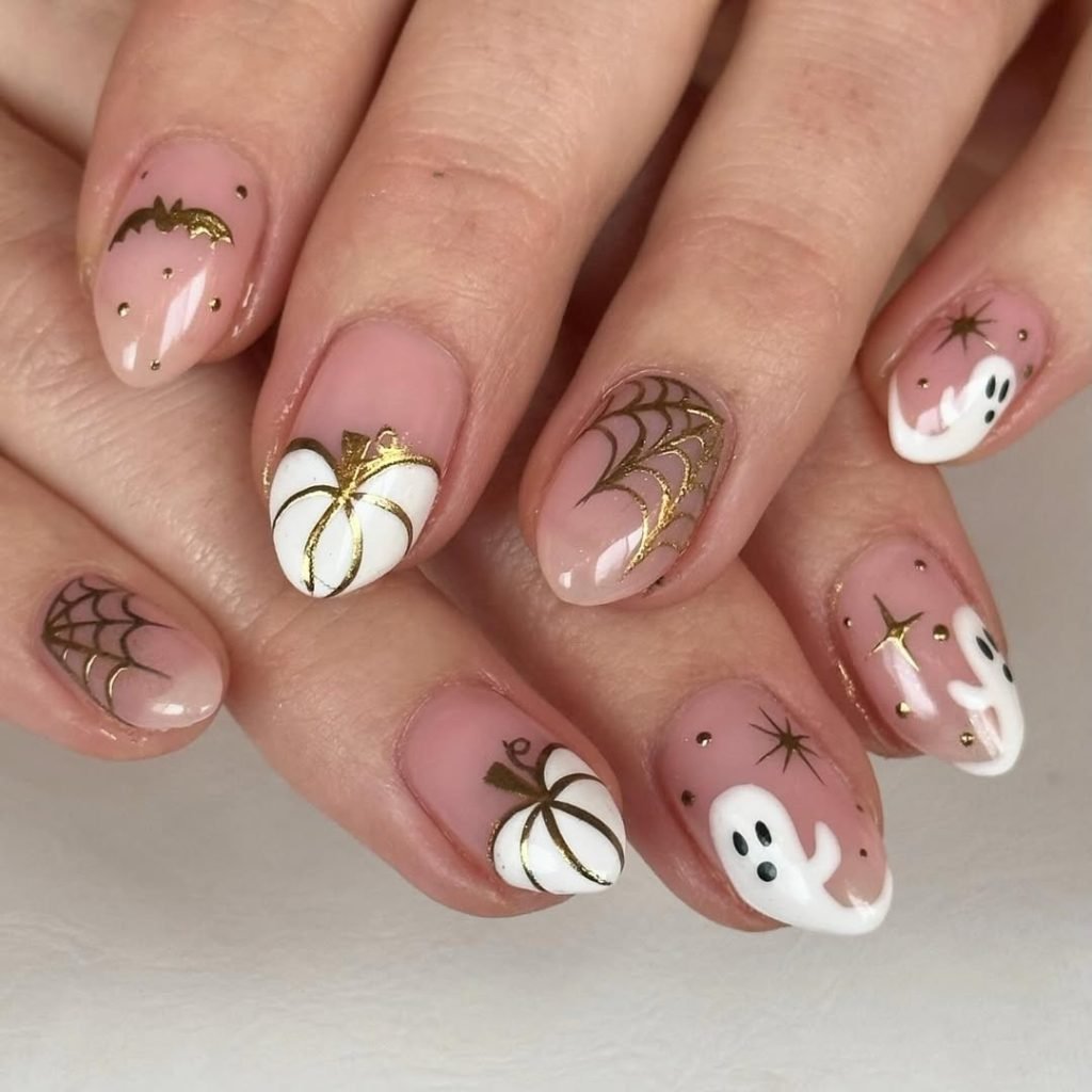 Halloween nail design with orange and black jack-o-lantern faces, striped accent nails, and a white ghost nail on coffin-shaped nails