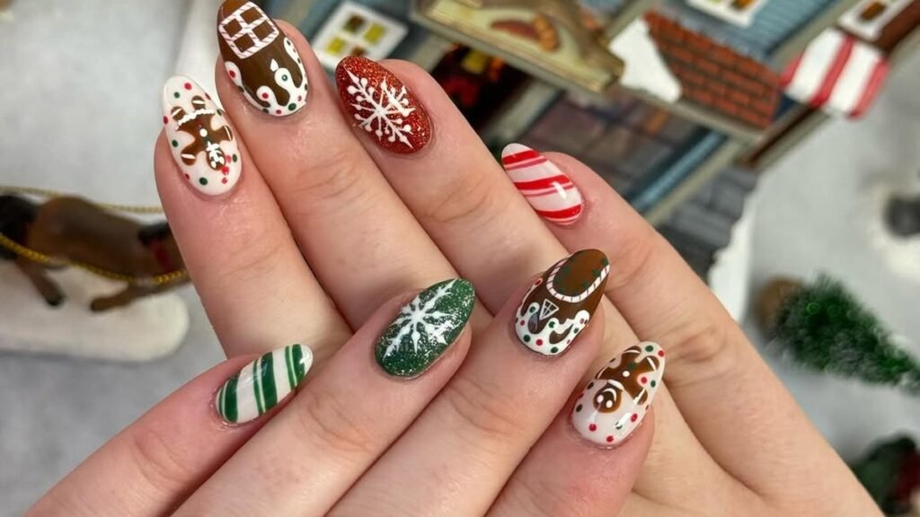 Long almond acrylic nails painted with a full gingerbread scene, including a gingerbread man, reindeer, candy cane stripes, and a glittery red snowflake nail