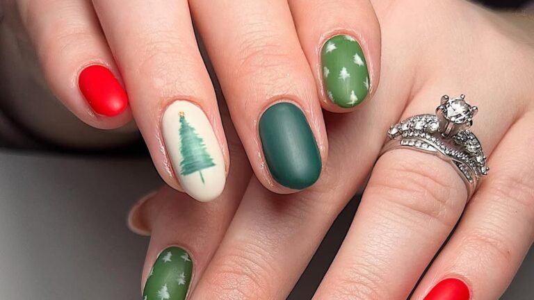 Christmas tree nail art with painted pine trees on cream and matte green nails