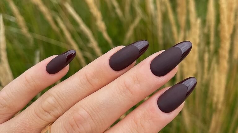 Matte and glossy chocolate brown almond nails with a two-tone finish contrast