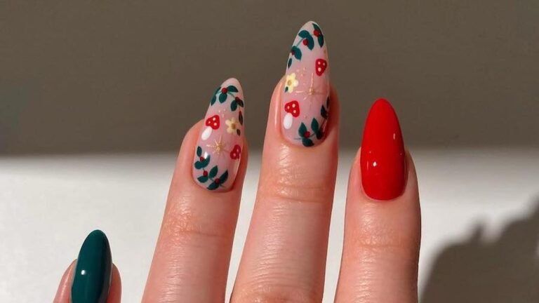 Christmas party nail design ideas featuring emerald green, red, and floral berry accent nails on one hand