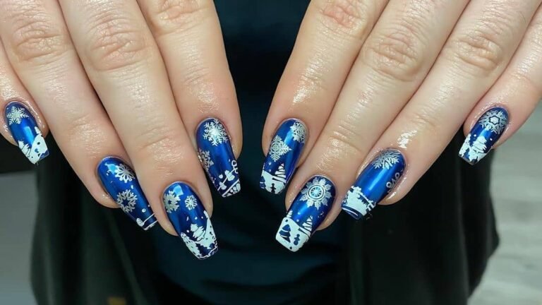 Navy blue chrome nails with white snowflake and winter village nail art on both hands