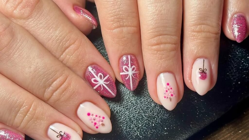 Nude pink manicure with glitter gift-wrap bow nail art and a tiny Christmas tree accent nail