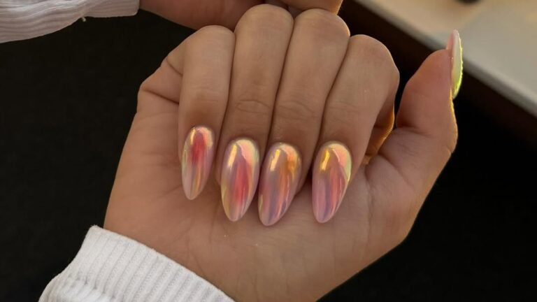 Almond nails with an iridescent chrome finish shifting between peach, rose, and gold