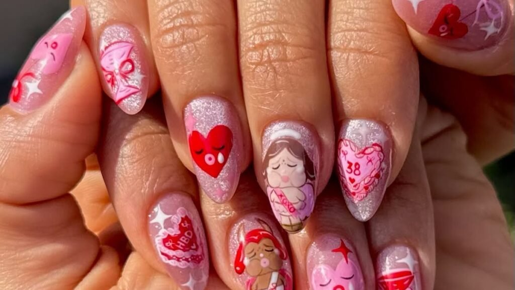 Kitschy pink birthday nail art with hearts, a "38" milestone number, and "HBD" lettering across each nail