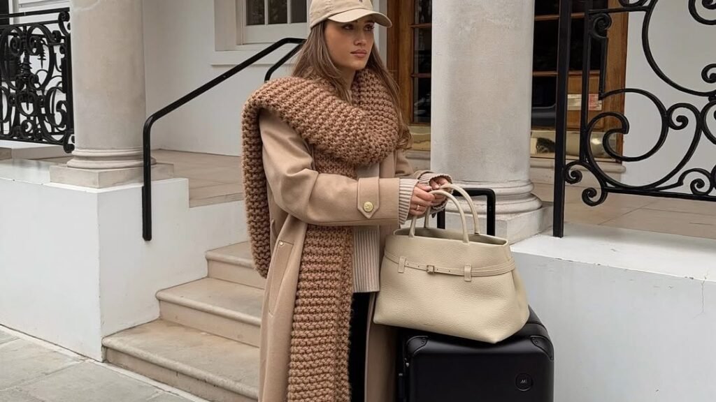 Woman in a camel coat and knit scarf holding a beige bag on top of a black suitcase outside a London townhouse