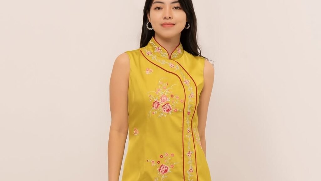 Mustard yellow embroidered qipao dress with red piping and floral motifs, one of 5 Lunar New Year dress ideas with a single print and no extra layering