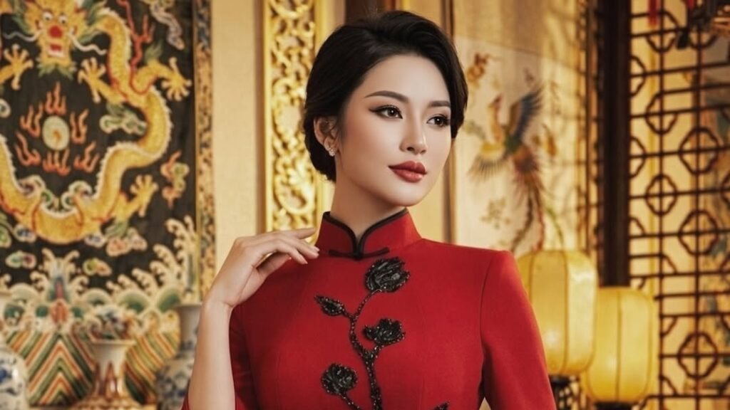 Woman in a red mandarin-collar cheongsam with black beaded floral embroidery, standing before a gold dragon and phoenix tapestry for Chinese New Year