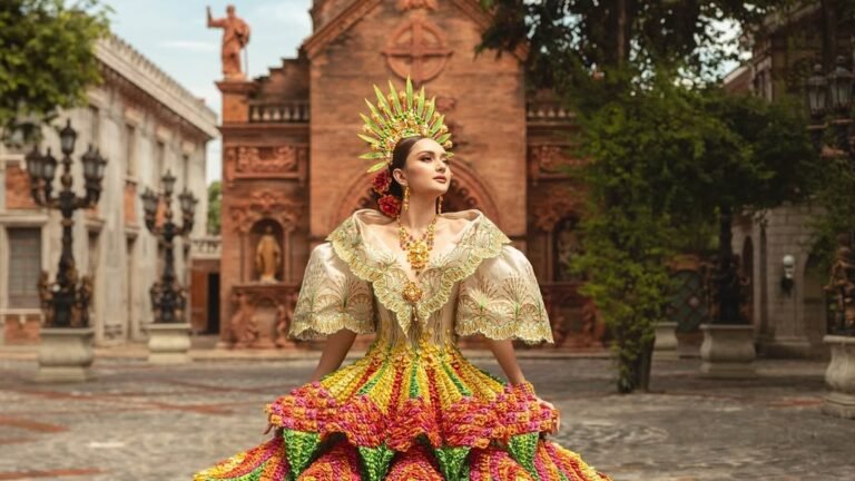 Woman in a tiered pink, green, and yellow festival gown with a golden crown and embroidered bodice standing in a colonial plaza