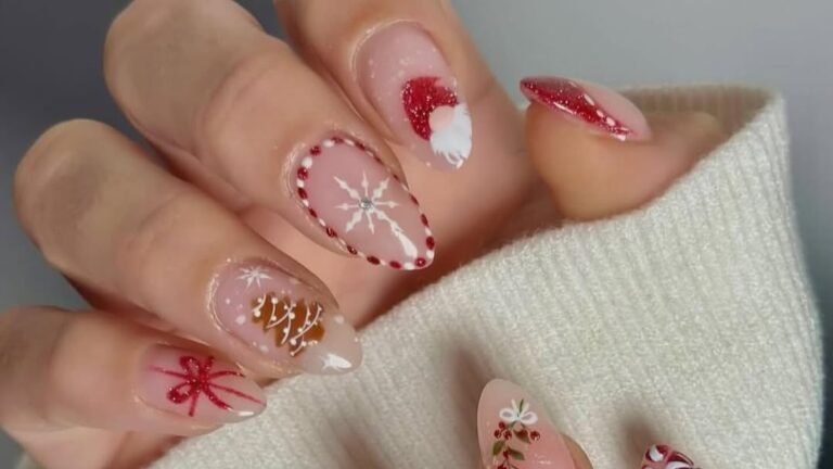 Nude manicure with Santa hat, beaded snowflake, gingerbread man, and red bow nail art designs