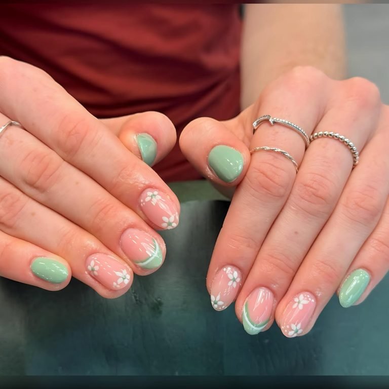 Mint green and floral nail art