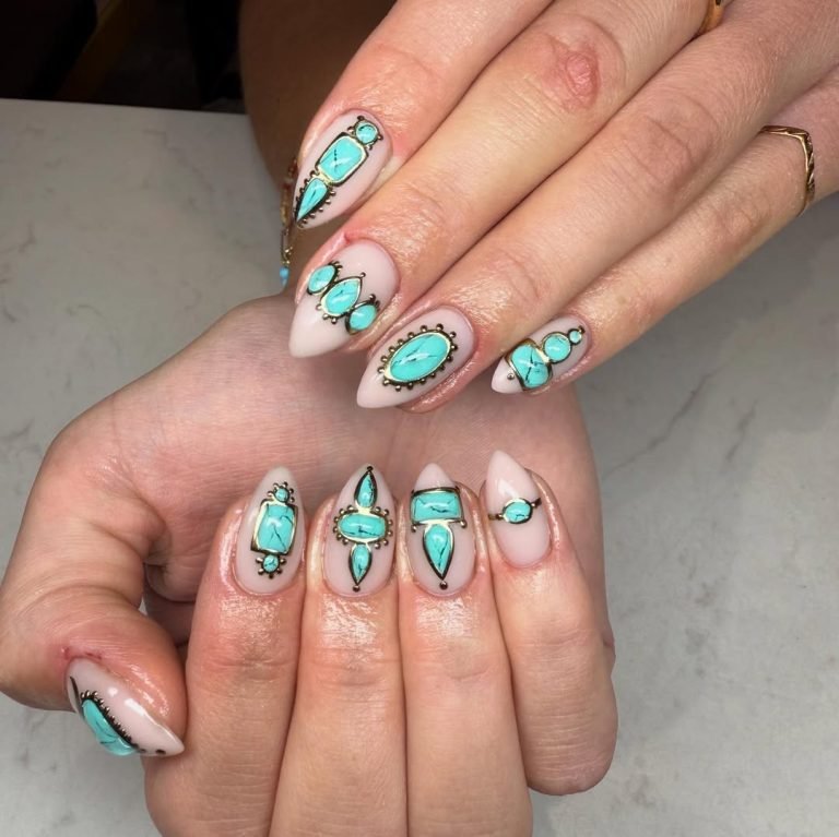 Nail art with turquoise stone designs