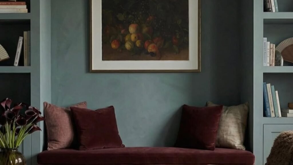 Burgundy velvet bench with mixed pillows against dusty blue walls in a moody fall living room nook