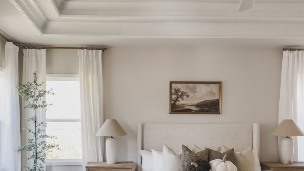 A cozy fall bedroom with warm neutral bedding, a knit throw folded at the foot of the bed, and soft layered pillows, showing how small touches make a room feel warm without new furniture