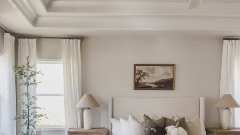 A cozy fall bedroom with warm neutral bedding, a knit throw folded at the foot of the bed, and soft layered pillows, showing how small touches make a room feel warm without new furniture