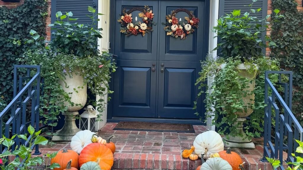 Deep blue front doors with fall wreaths and heirloom pumpkins in cream, sage, and orange spilling down brick entry steps