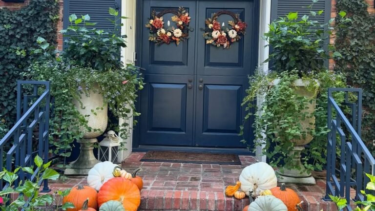 Deep blue front doors with fall wreaths and heirloom pumpkins in cream, sage, and orange spilling down brick entry steps