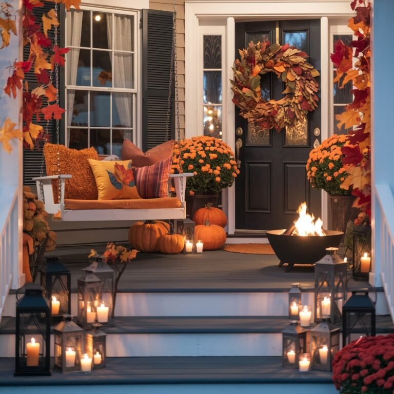 Autumn porch at dusk with clustered pumpkins, glowing lanterns on the steps, and a fall wreath on the front door