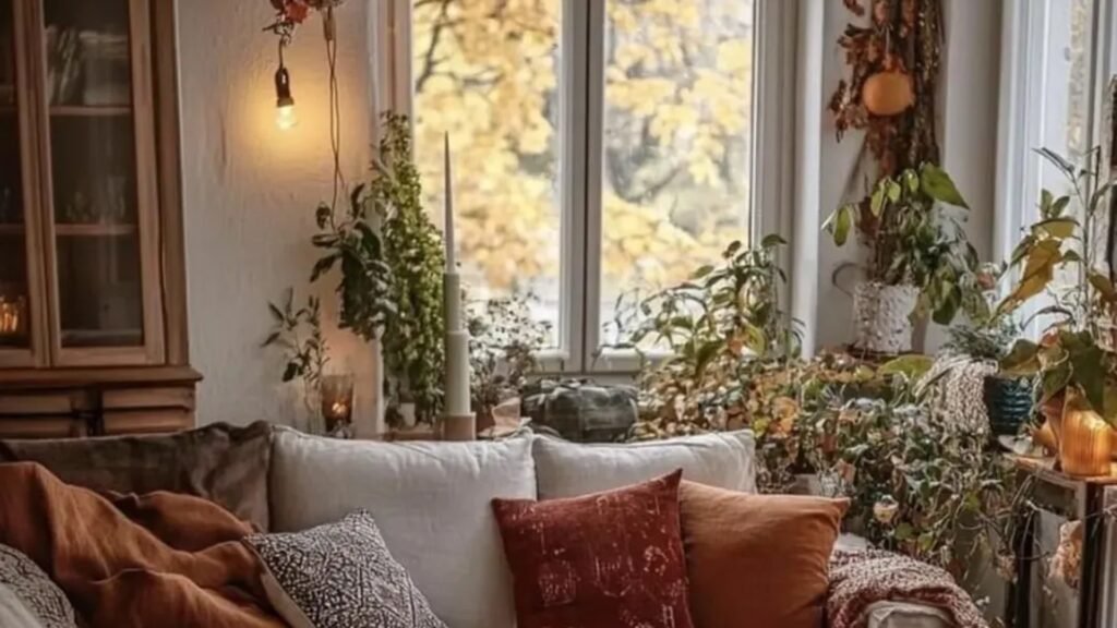 Boho living room with a sofa layered in warm orange and rust throws, rattan pendant light, and plants beside a bright window