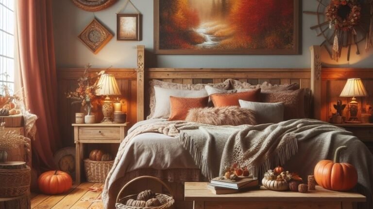 Fall bedroom with layered pillows, a folded knit throw across the foot of the bed, and small pumpkins on a wooden bench