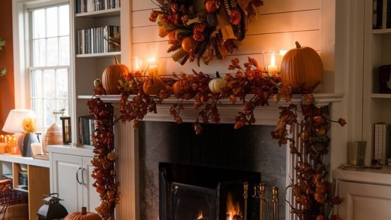 Fall fireplace mantel styled with layered orange and white pumpkins, an autumn leaf wreath, garland, and glowing candles