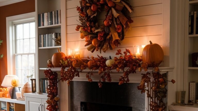 Fall mantle with a large layered wreath, cascading leaf garland, glowing pillar candles, and orange pumpkins arranged along a white shiplap fireplace