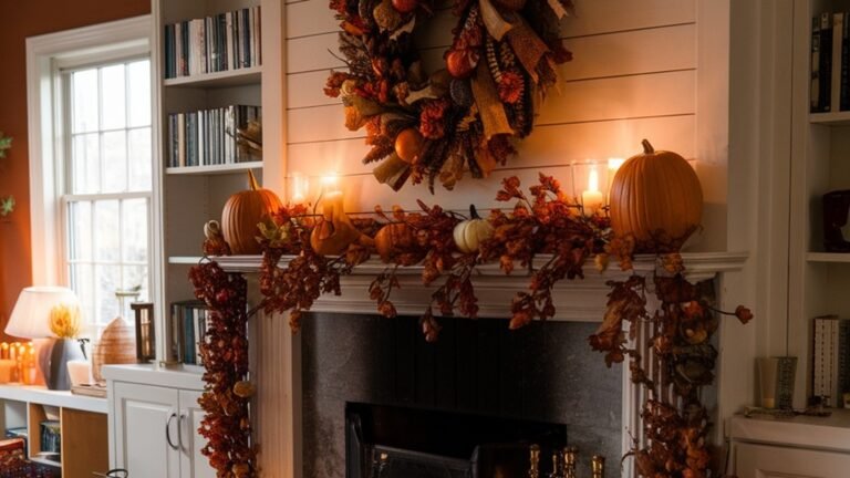Cozy fall living room with a lit fireplace, mantel wreath, and pumpkins glowing in warm candlelight