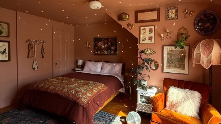 Terracotta bedroom with velvet orange armchair, vintage gallery wall, and warm scattered light across the ceiling
