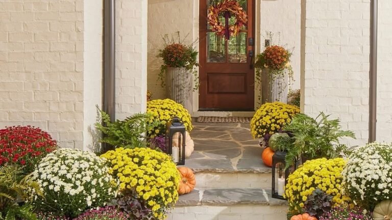 Yellow, white, and red mums lined along both sides of a flagstone walkway leading to a wood front door with an autumn wreath, one of several fall farmhouse decor ideas