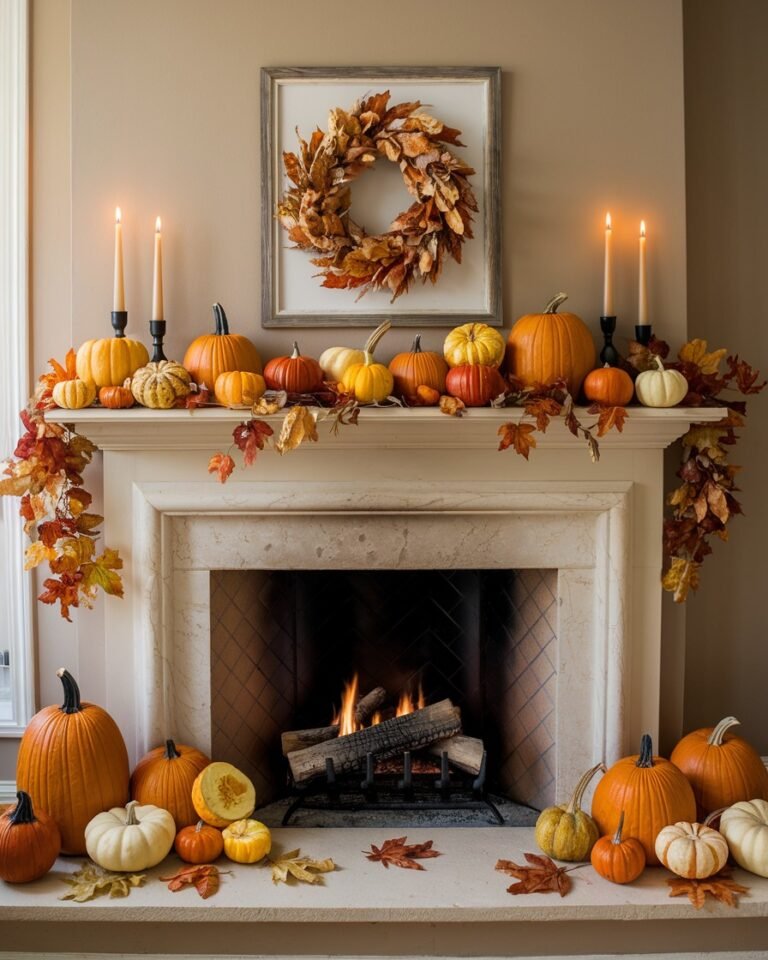 Stone fireplace mantel and hearth styled entirely with orange, white, and green pumpkins for late fall decor