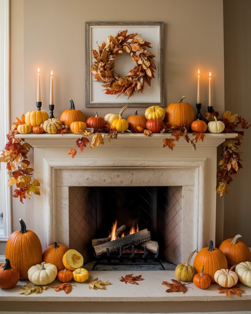 Stone fireplace mantel and hearth styled entirely with orange, white, and green pumpkins for late fall decor