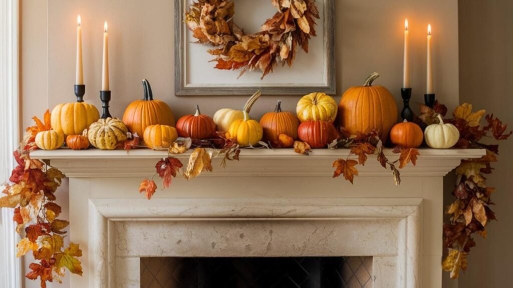 A white stone mantel styled for fall with a dense cluster of orange, cream, and gold pumpkins, tall taper candles in black candlesticks on both sides, a dried leaf wreath above, and a cascading autumn leaf garland draping down each side of the fireplace