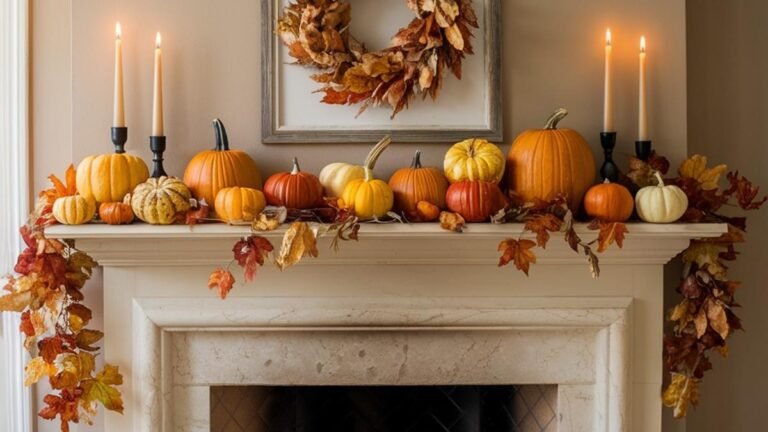 A white stone mantel styled for fall with a dense cluster of orange, cream, and gold pumpkins, tall taper candles in black candlesticks on both sides, a dried leaf wreath above, and a cascading autumn leaf garland draping down each side of the fireplace