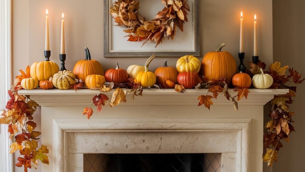 Mantel loaded with pumpkins, a fall wreath, and warm garland above a lit fireplace, styled for autumn without changing the rest of the room