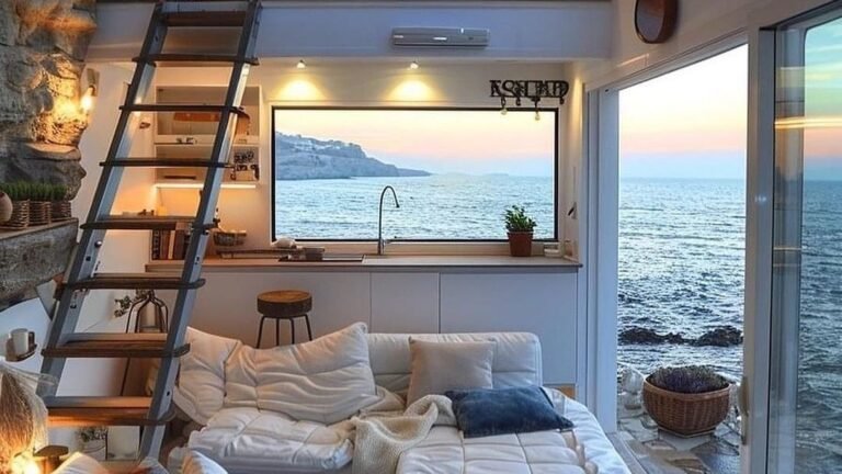 Tiny home living area with loft bed above, ladder, and picture window overlooking the sea at sunset