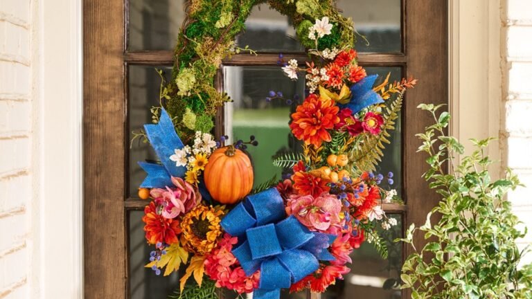 A colorful fall door wreath with red and orange dahlias, moss greenery, a mini pumpkin, and a large blue ribbon bow, hanging on a wood front door.