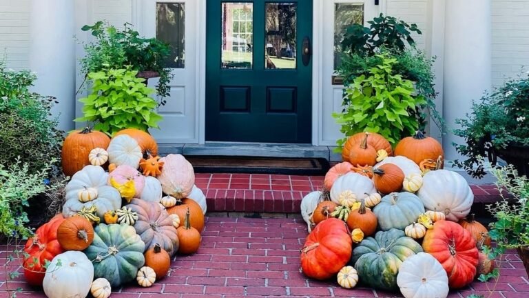 Front porch steps piled with sage green, peach, cream, and orange pumpkins against a dark teal front door