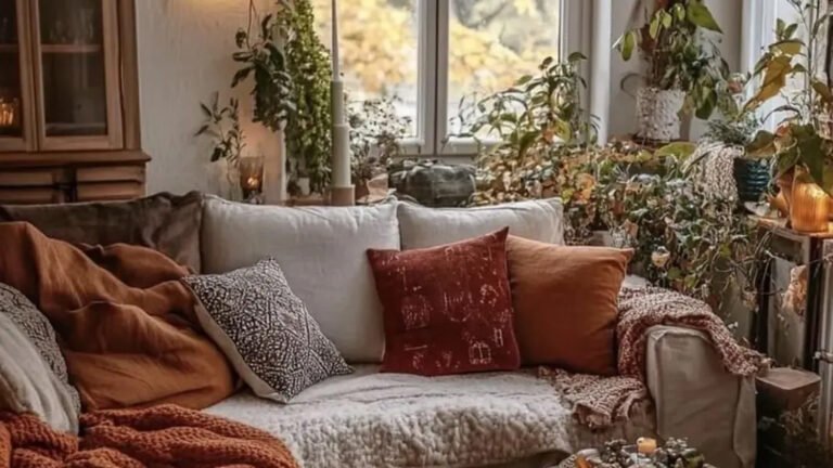 Cream sofa layered with rust knit throws and terracotta pillows in a warm fall earth tone living room