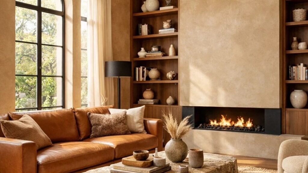 Warm fall living room with cognac leather sofa, lit fireplace, wood bookshelves, and pampas grass on a stone coffee table