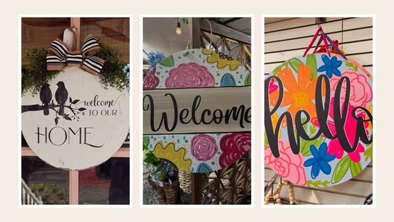 Three decorative fall door hanger ideas side by side, a rustic bird welcome sign, a colorful floral welcome sign, and a bold floral hello sign