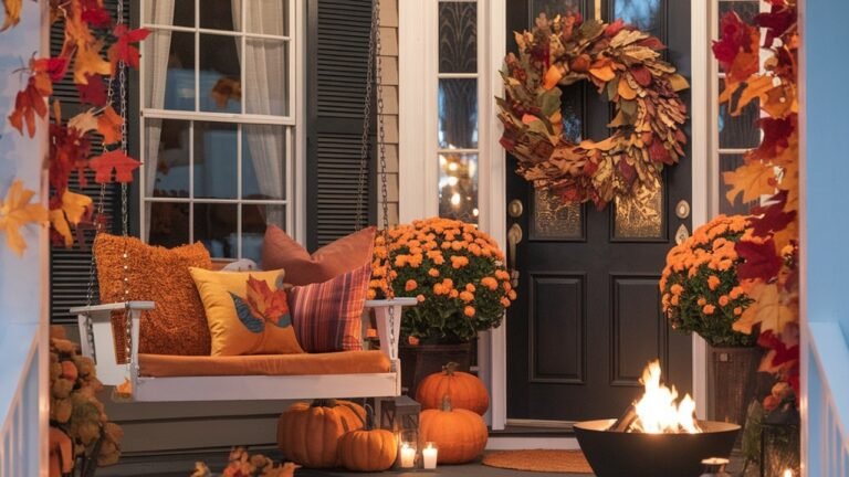 Fall front porch swing with orange pillows, pumpkins, a harvest wreath, and lanterns lit around a small fire pit at dusk
