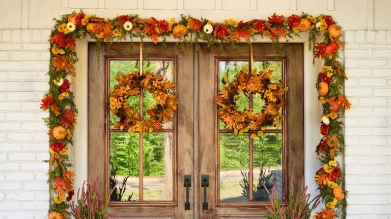 Fall garland wrapped around a front door entryway with autumn wreaths and pumpkins
