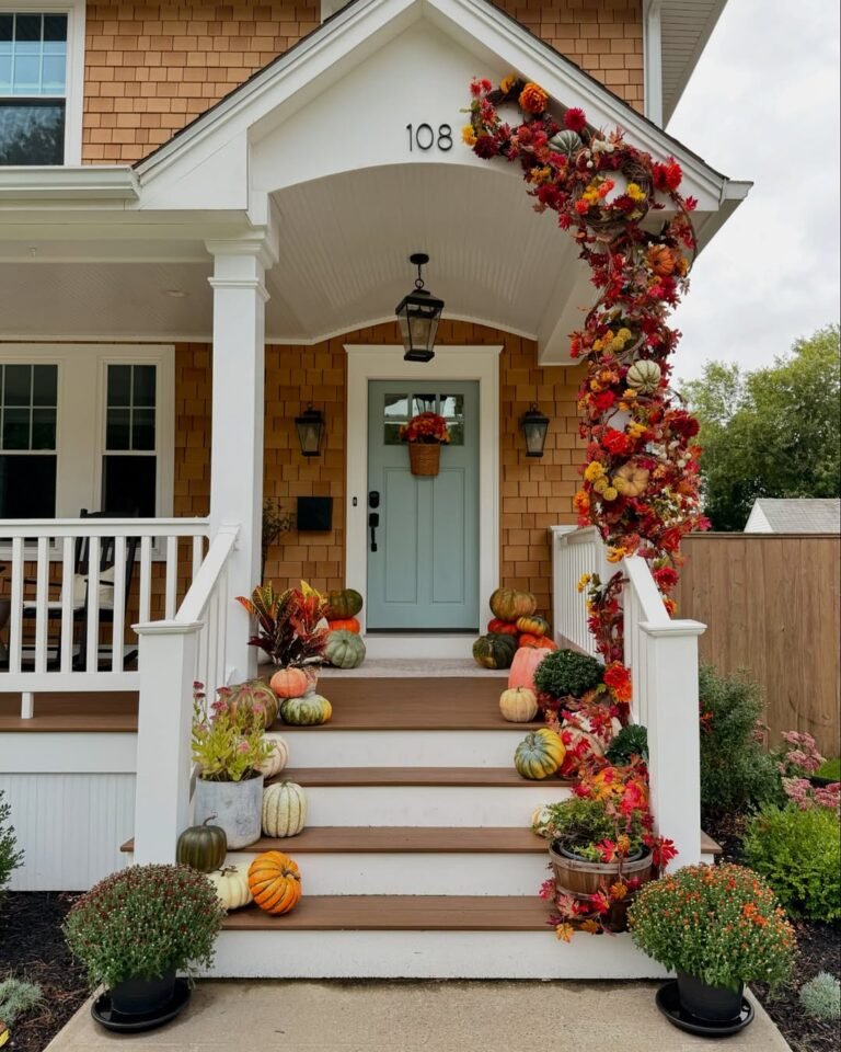 A red and orange fall floral wreath and garland cascading down a covered porch entrance beside pumpkins arranged on the front steps