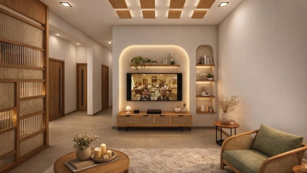 A warm, layered living room with a rattan-front media console, cane armchair, and jute-look rug, showing how existing wood and woven pieces create a cozy fall feel without new decor