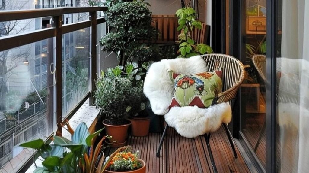Cozy balcony corner with a wicker chair, sheepskin throw, and layered potted plants lit by warm evening light