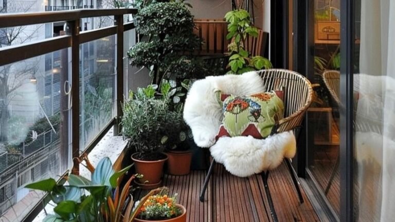 Cozy balcony corner with a wicker chair, sheepskin throw, and layered potted plants lit by warm evening light