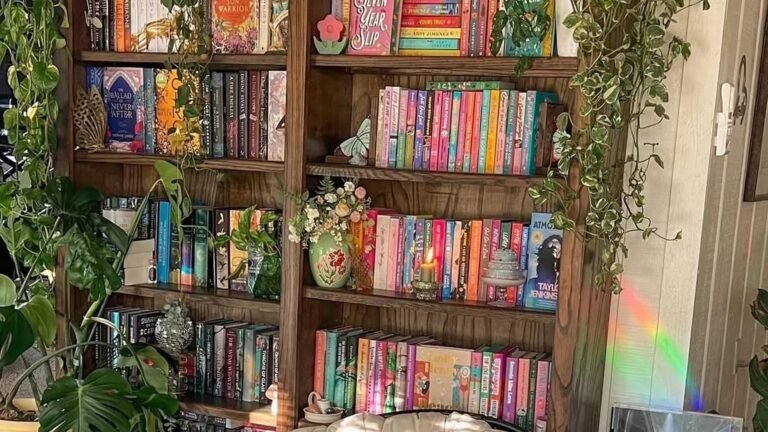 Dark wood bookshelf with cascading trailing plants and greenery spilling down among the stacked books