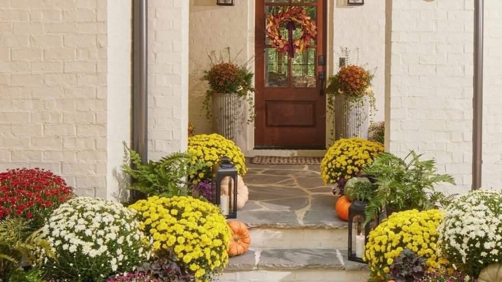 A fall entryway with yellow, white, and red mums lining both sides of a grey flagstone walkway, mixed pumpkins tucked between the flowers, and small black lanterns leading up to a warm wood front door with a simple fall leaf wreath.