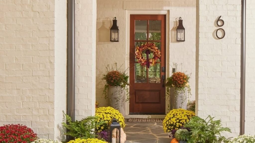 Fall front porch decorated with mums, pumpkins, and lanterns lining the entry